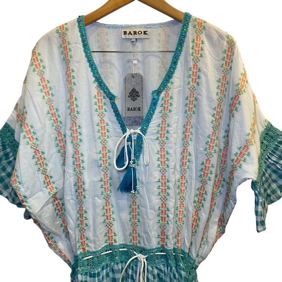 Barouk Tops - NWT Barok Paris Women’s Cotton Embroidered Peasant Top w Tassels sz M/L